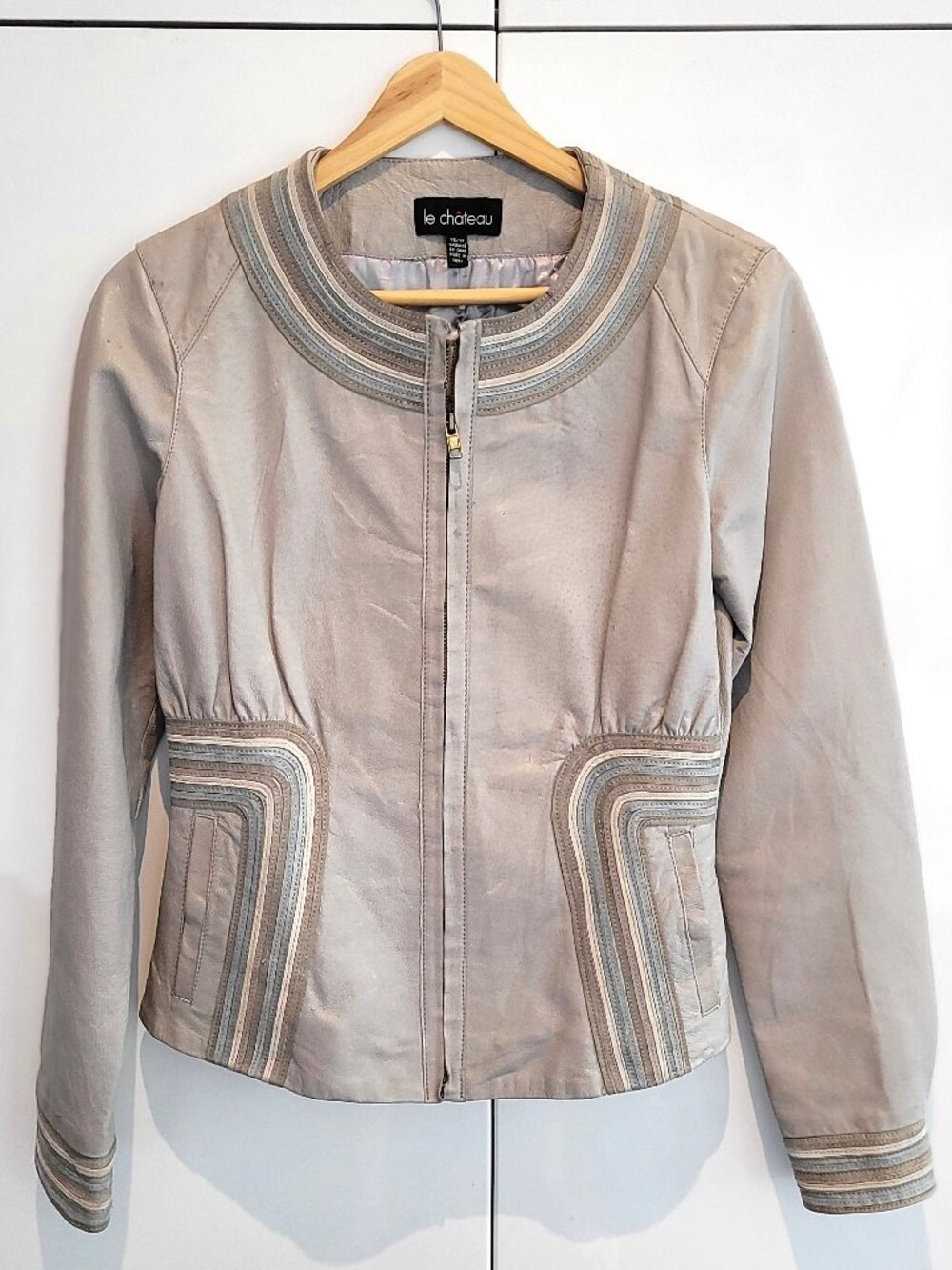 Vintage Le Chateau 80s Fitted Grey Leather Jacket Size XS